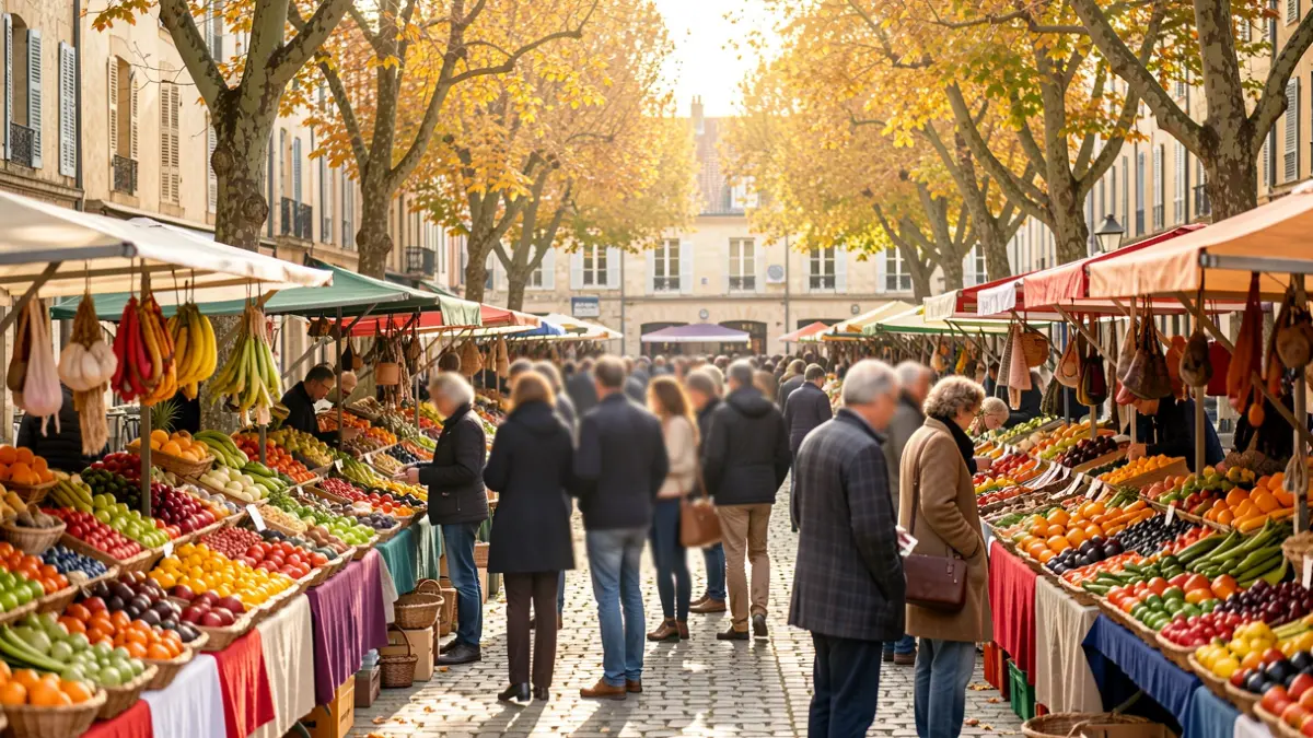 Image générique d'un marché d'automne coloré avec des produits locaux et de l'artisanat.