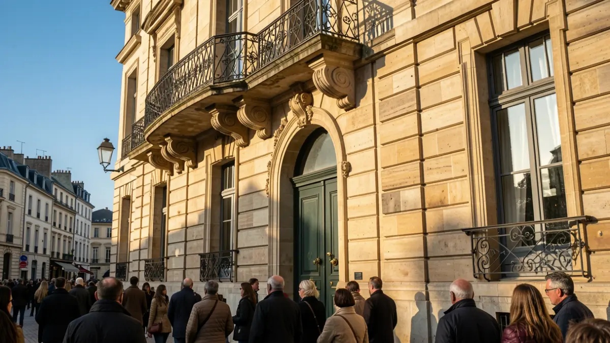 Façade en pierre d'un hôtel de ville français avec balcon orné et balustrade en fer forgé, soleil d'après-midi.