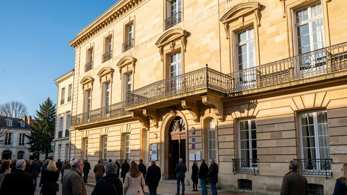 Façade en pierre d'un hôtel de ville historique à Montfermeil, Île-de-France, avec balcon orné et balustrade en fer forgé, sous le soleil d'après-midi.