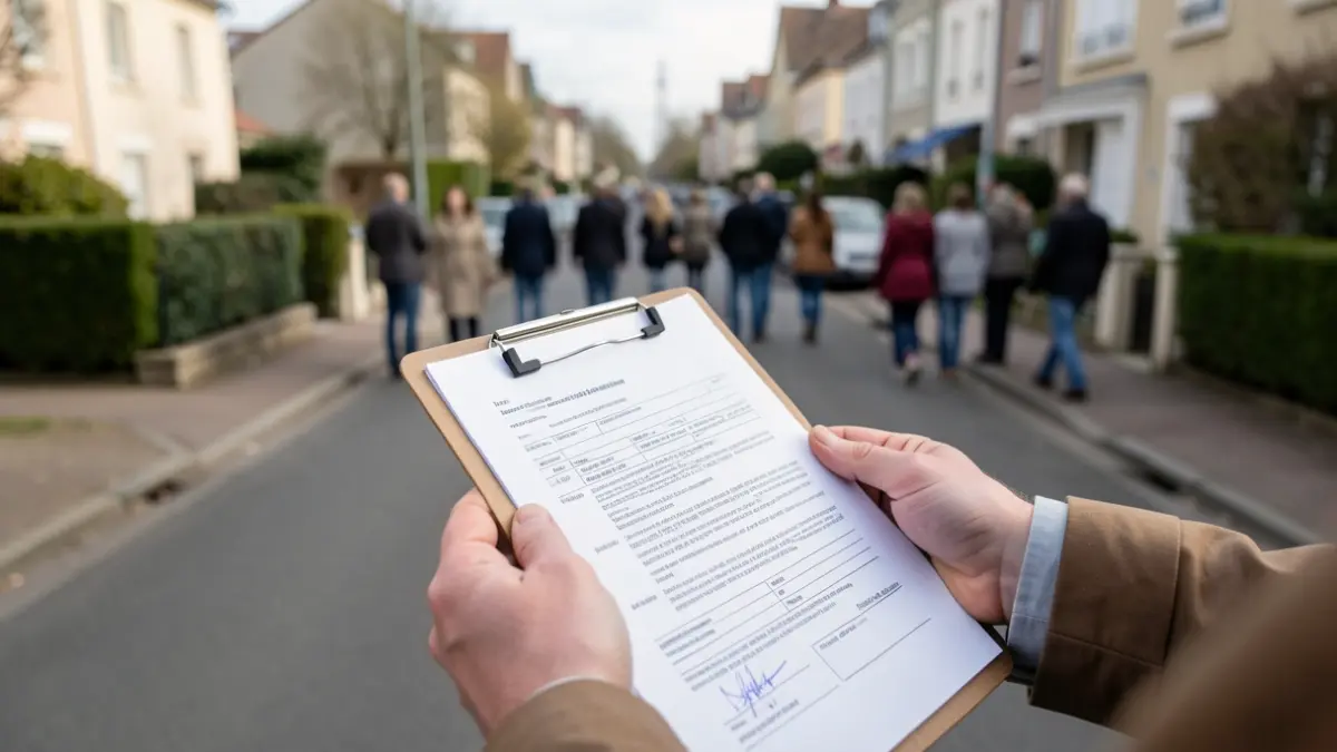 Image générique d'un enquêteur municipal tenant un formulaire dans une rue résidentielle.