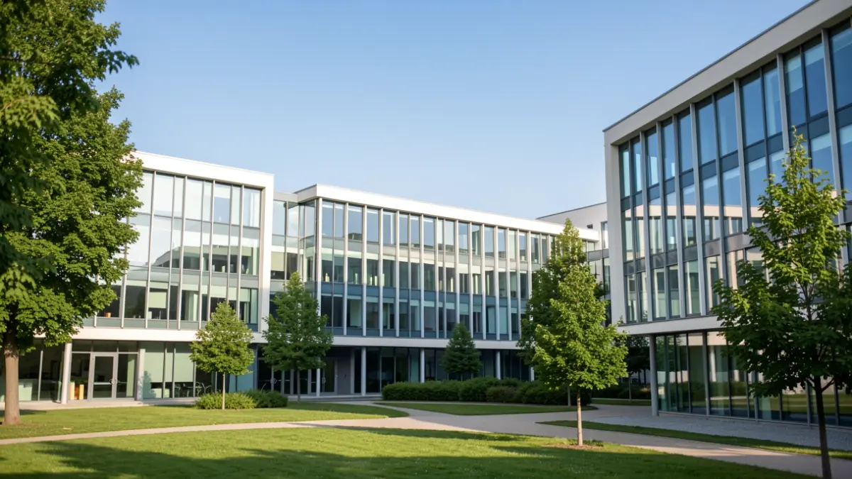 Image générique de bâtiments universitaires modernes avec des façades vitrées et des espaces verts.