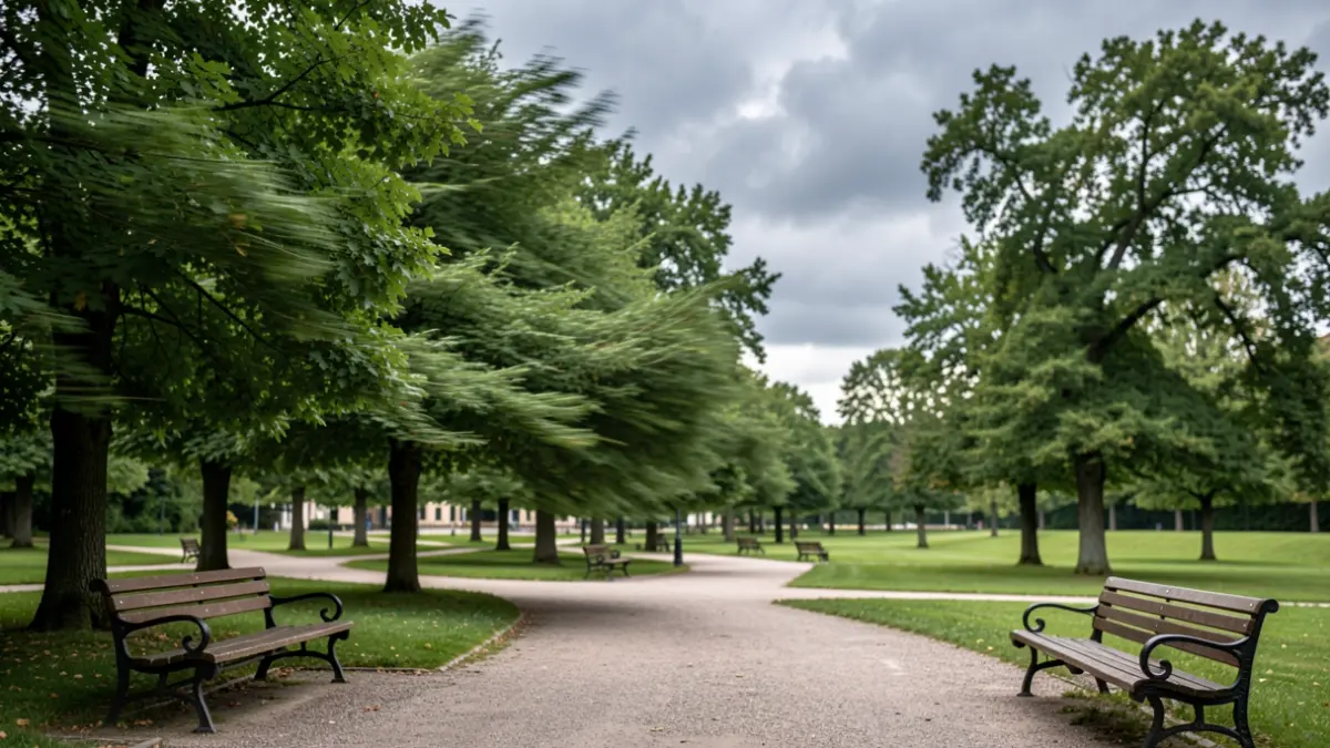 Generic image of strong winds blowing through trees in a park, under a cloudy sky.