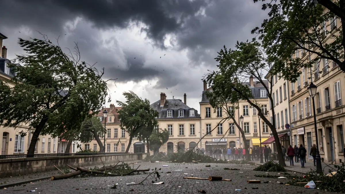 Generic image of a stormy sky with strong winds blowing over a French town, without people or specific elements.