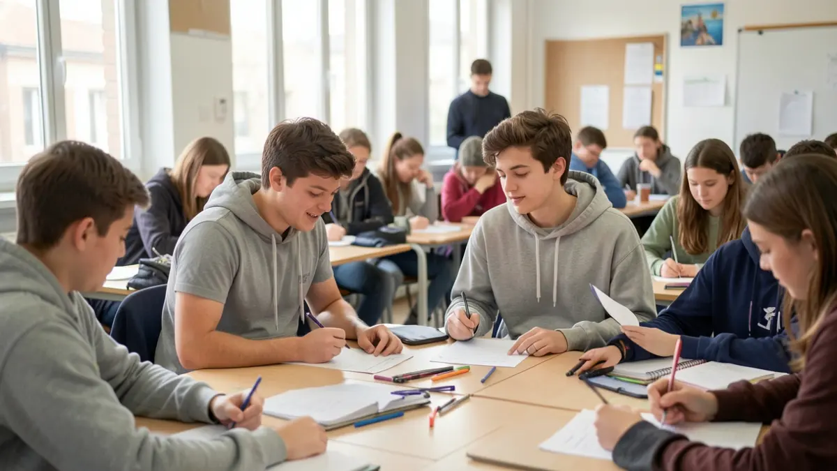 Image générique d'un atelier d'écriture avec des musiciens et des adolescents dans une salle de classe.