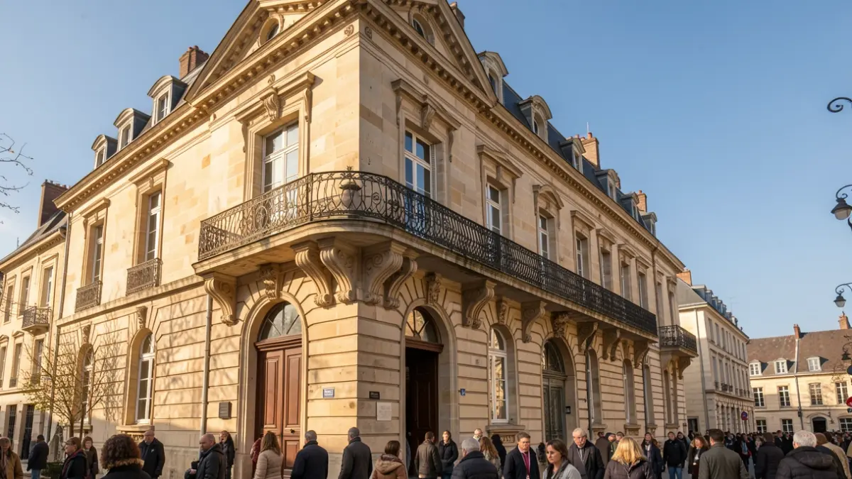Generic image of a stone town hall facade, typical of Île-de-France, with an ornate balcony and iron railings, under an afternoon sun.