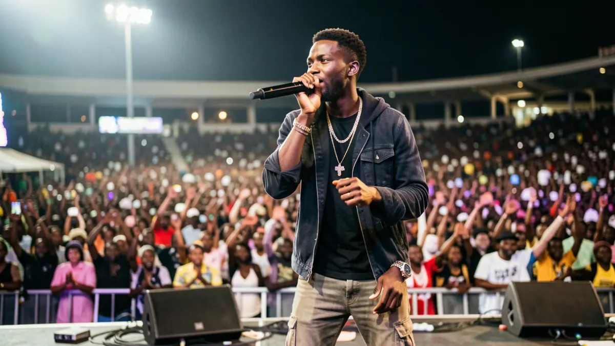 Le rappeur Tiakola sur scène à Dakar lors des Jeux Olympiques de la Jeunesse.