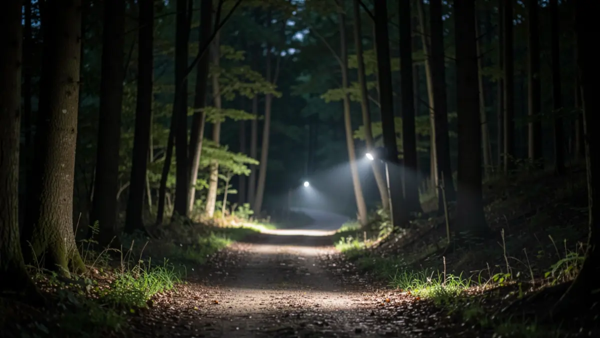 Sentier de trail nocturne dans la Colline d'Élancourt, éclairé par des lampes frontales.
