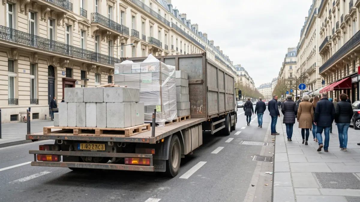 Generic image of construction material transport on a Parisian street.