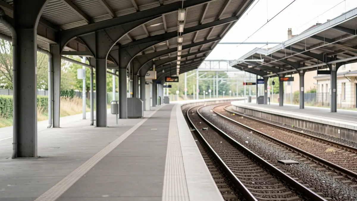 Image générique d'une voie de RER E vide en Île-de-France, avec les rails s'éloignant sous un auvent de gare, lumière du jour douce.