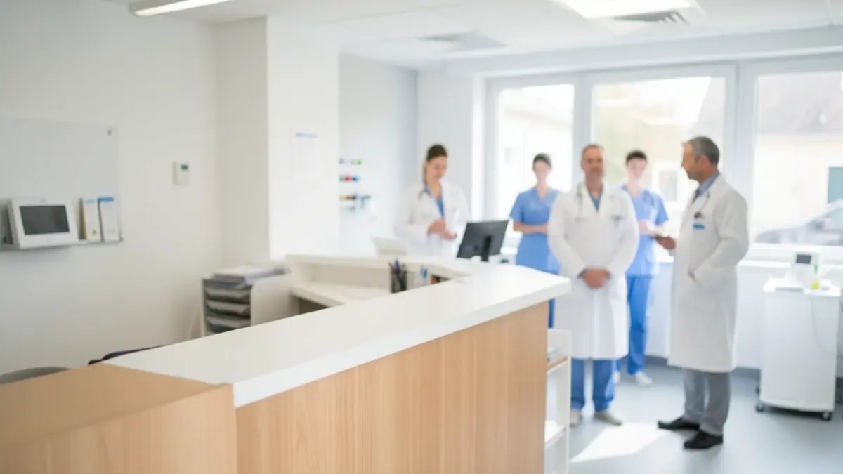 Generic image of a modern medical office with a reception desk and healthcare professionals in the background.
