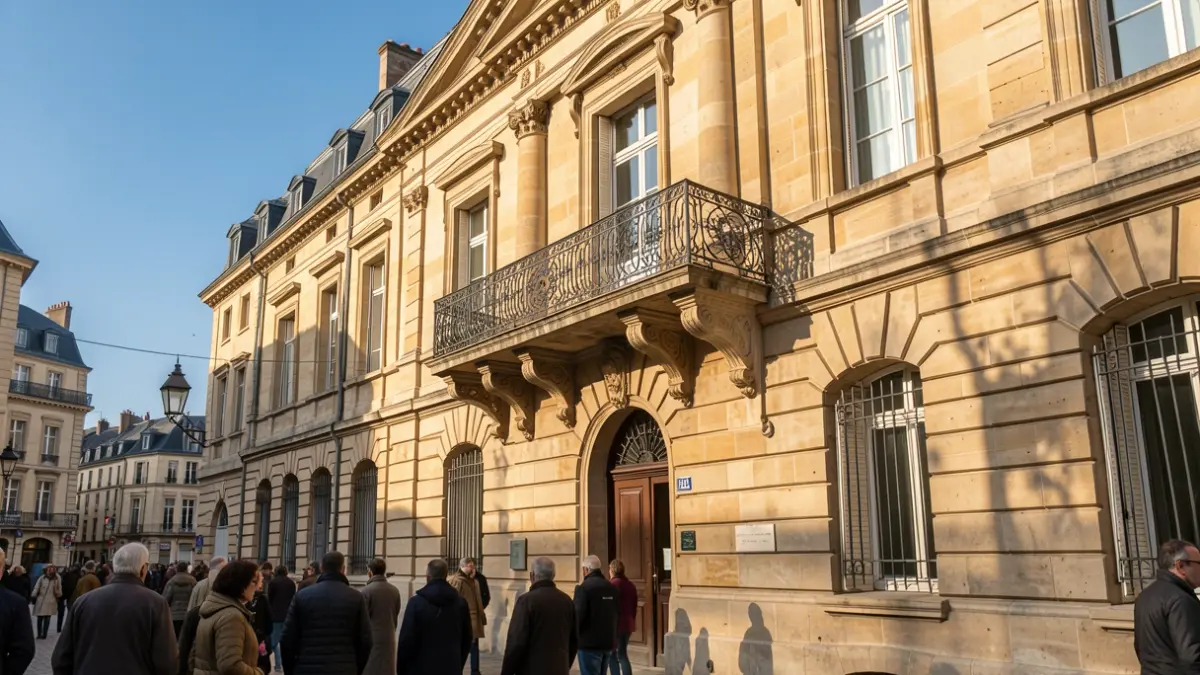 Image générique de la façade d'un hôtel de ville en pierre avec un balcon orné et des balustrades en fer, sous un soleil d'après-midi.