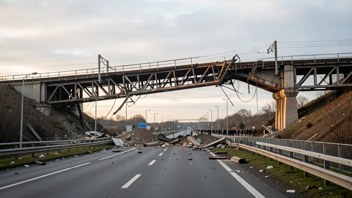 Generic image of a damaged railway bridge over a road.