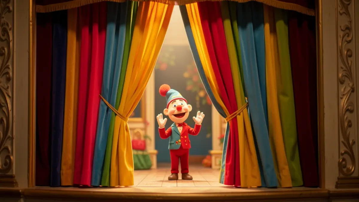 Image générique d'une scène de théâtre de marionnettes avec des rideaux colorés.