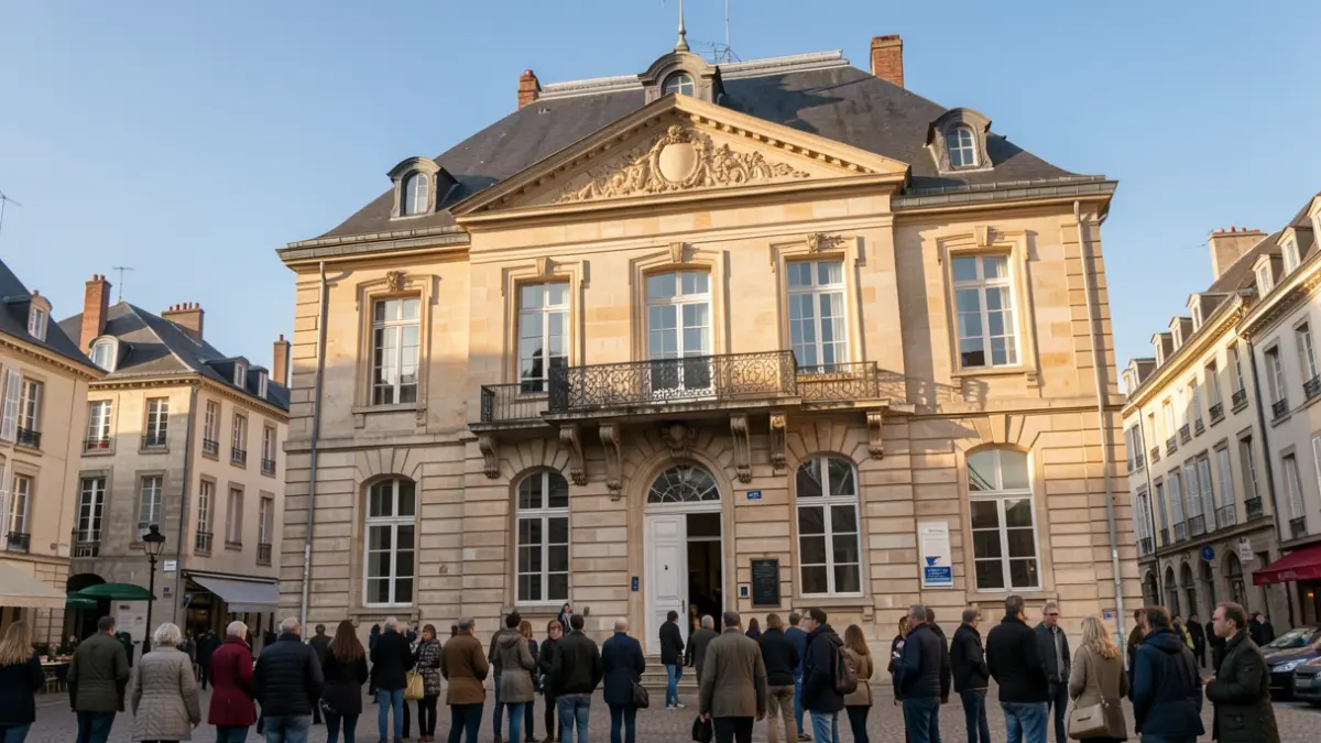 Image générique d'une façade de mairie en pierre de style haussmannien, avec un balcon orné et des barreaux en fer forgé, sous un ciel bleu clair.