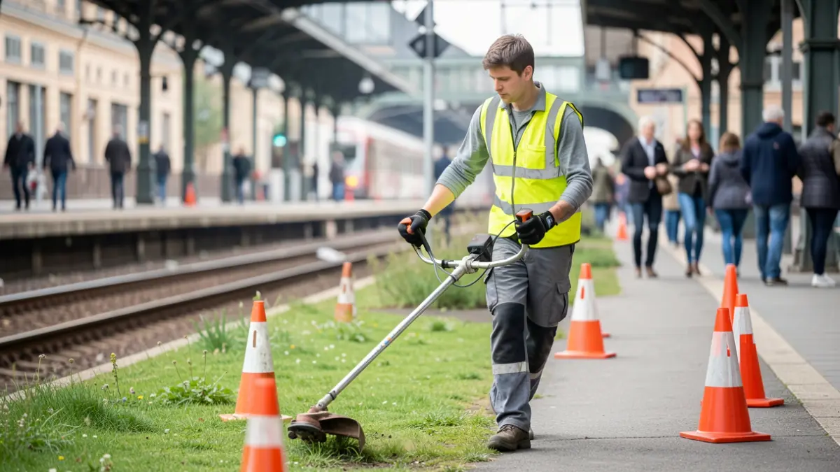 Image générique d'un jeune homme travaillant sur les espaces verts d'une gare.