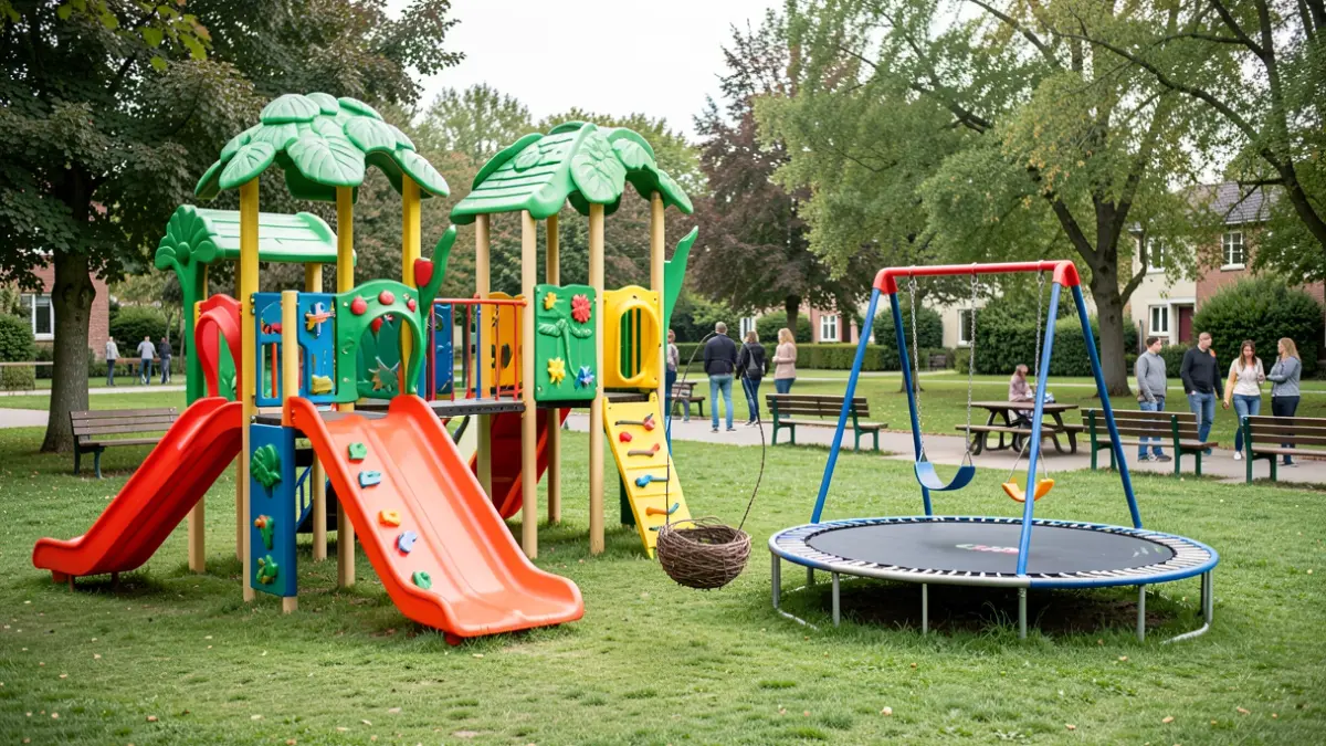 Generic image of a children's playground with inclusive equipment and park furniture.