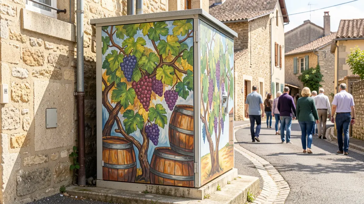 Fresque colorée sur un transformateur électrique à Chaumontel, représentant des vignes.