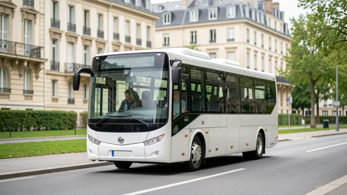 Generic image of a minibus shuttle driving in a Parisian suburban town.