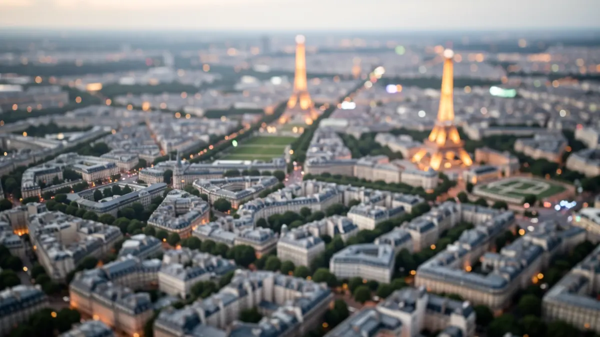 Aerial view of the Île-de-France region with blurred city lights and iconic landmarks subtly visible.