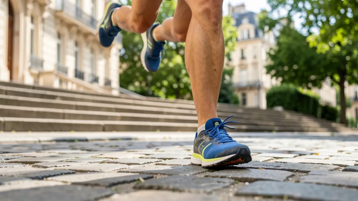 Image générique de pieds de coureur sur un trottoir pavé avec des escaliers en arrière-plan.