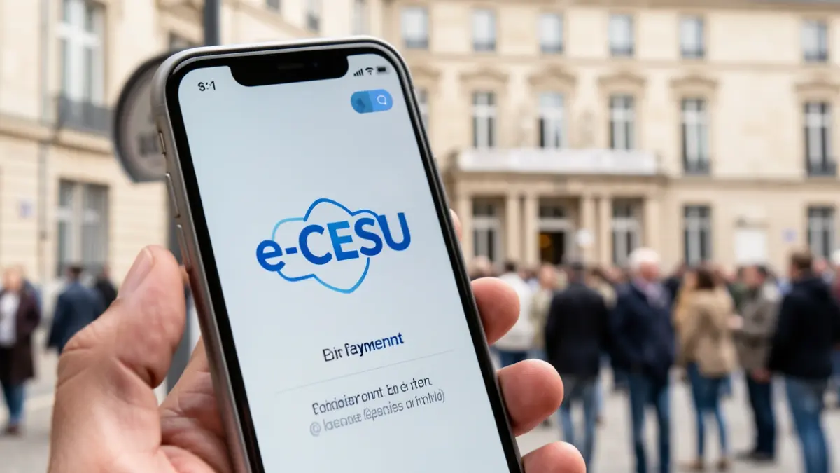 Interface de paiement e-CESU dématérialisé sur un smartphone, avec le logo de la ville de Valenton en arrière-plan.