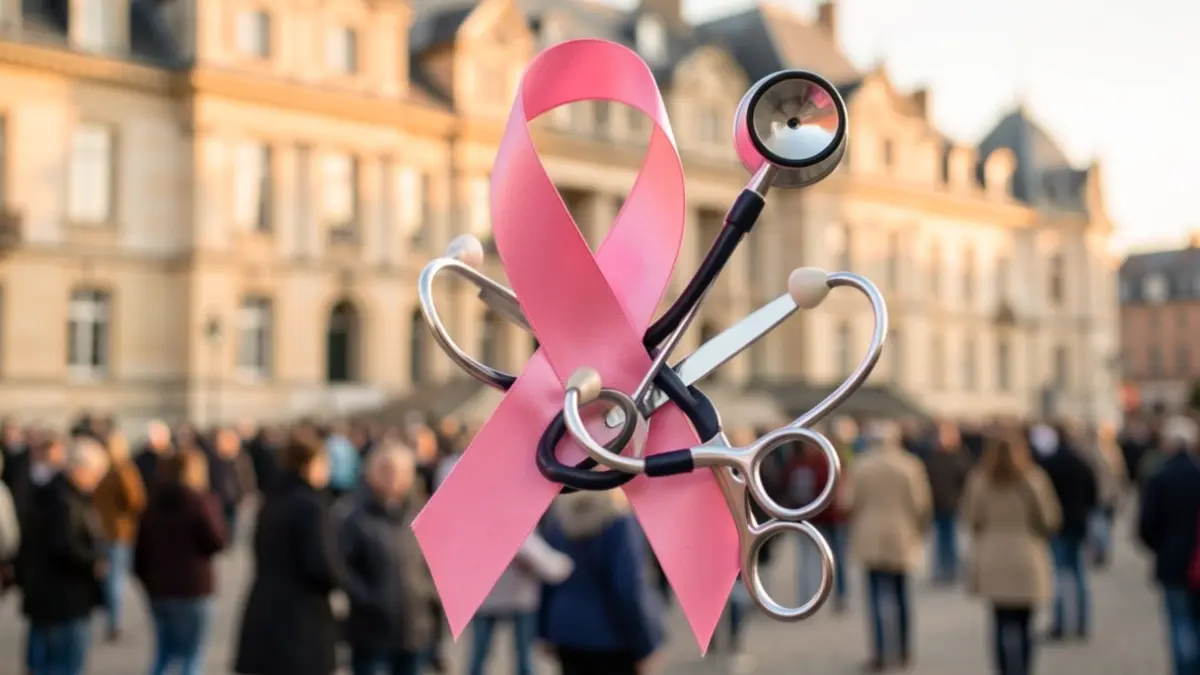 Symbole d'Octobre Rose avec des instruments médicaux devant la mairie de Valenton.