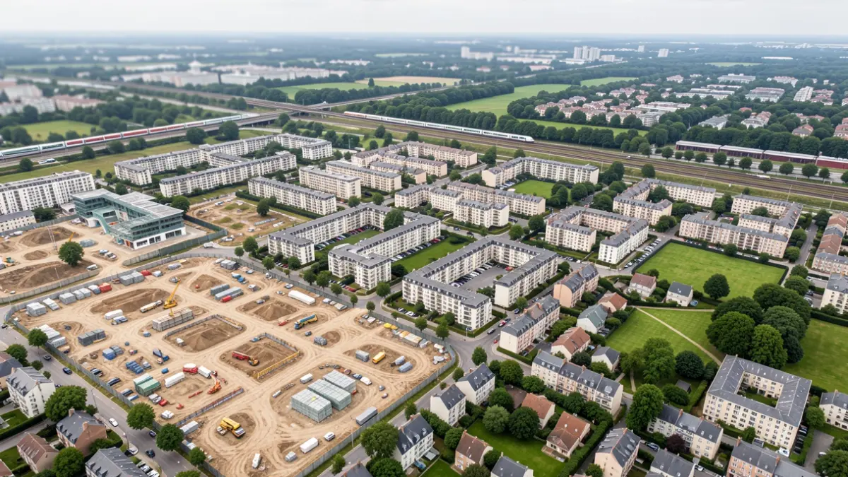 Aerial view of a developing neighborhood in Vanves, Île-de-France, showing construction sites and the Grand Paris Express line.