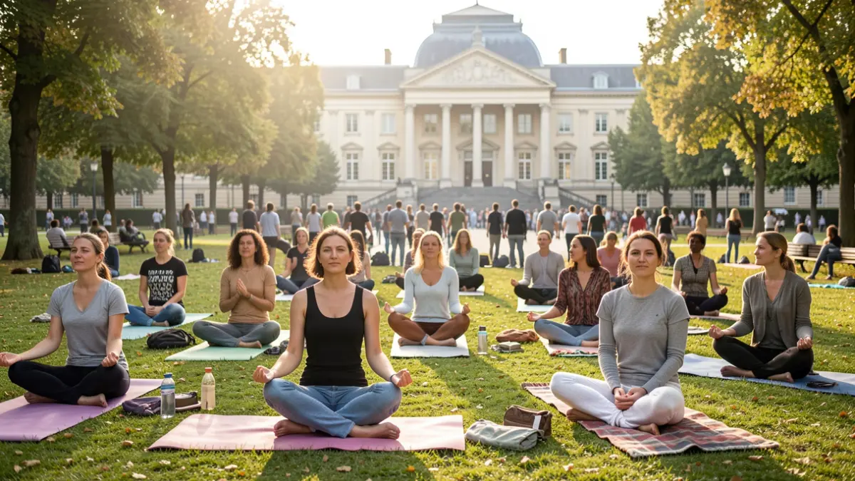 Image générique de femmes participant à une séance de yoga en plein air devant un bâtiment municipal.