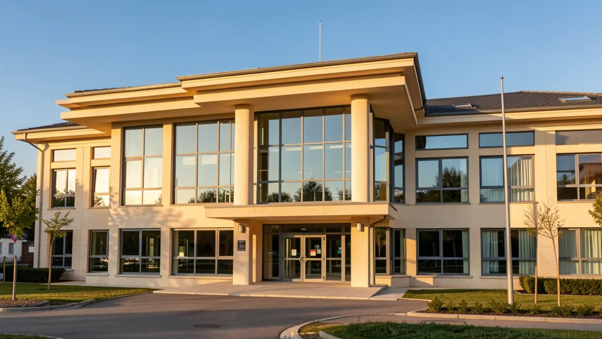 Generic image of a modern town hall facade in the architectural style of Île-de-France, under a clear blue sky.