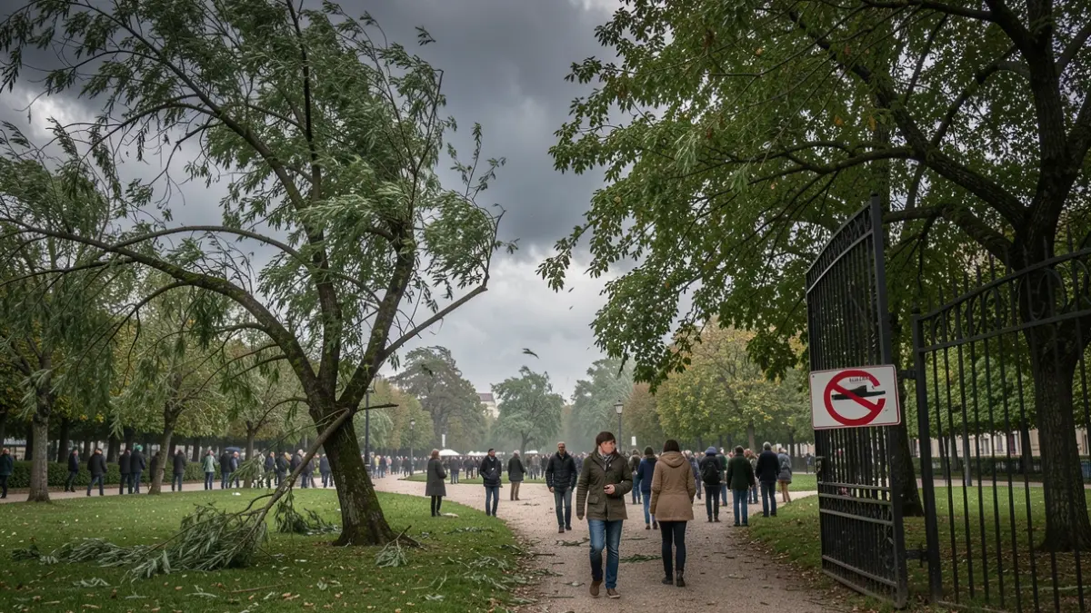 Generic image of difficult weather conditions with trees in a park.