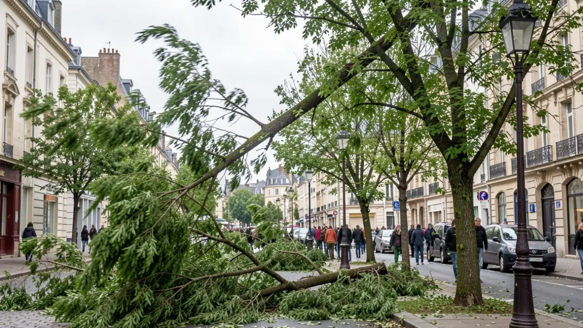 Generic image of strong winds affecting trees and urban elements in a French town.