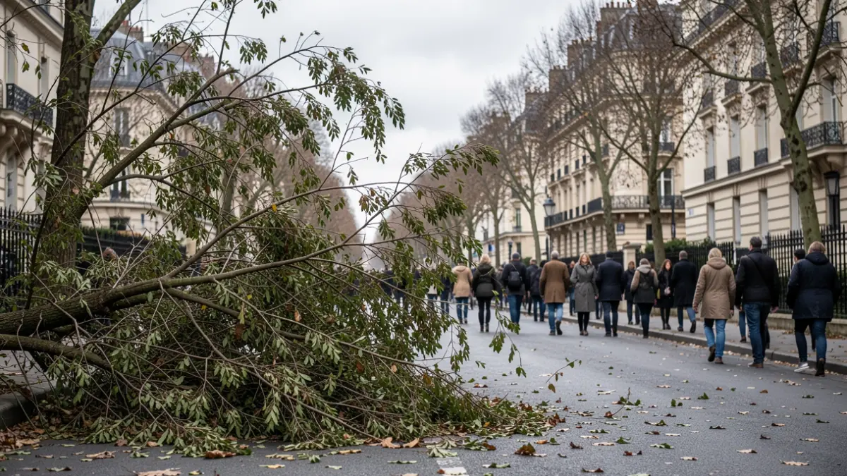 Generic image of tree branches being blown by the wind on a suburban Parisian street under an overcast sky.