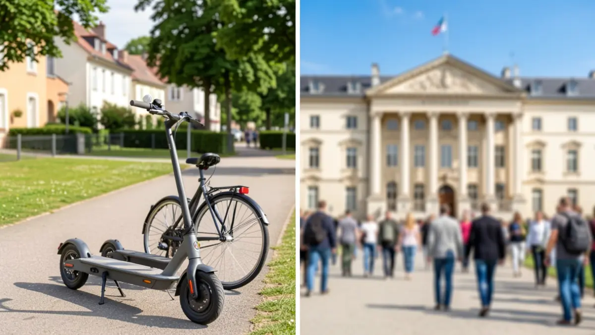 Image générique de vélos et trottinettes électriques en libre-service devant une mairie.