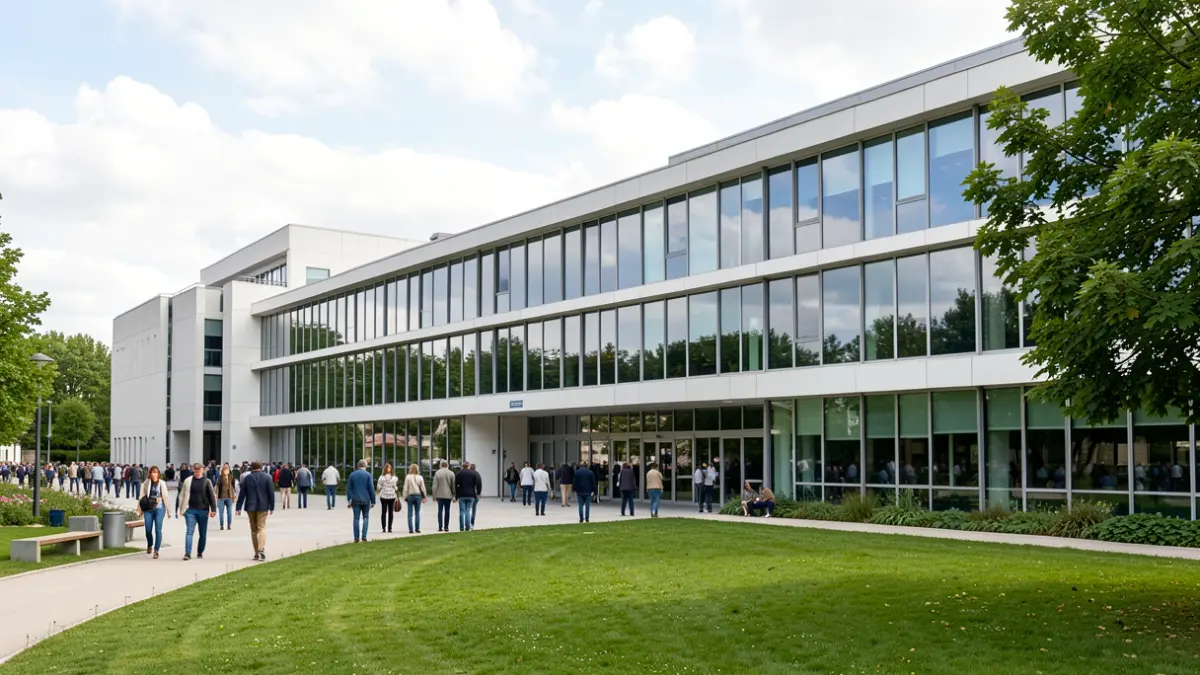 Image générique de la façade d'un centre de recherche universitaire en Île-de-France, avec des lignes épurées et de grandes fenêtres vitrées, reflétant un ciel tempéré. Style photographie documentaire.