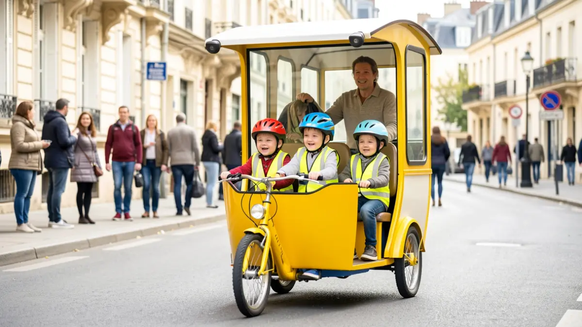 Image générique d'un vélo-bus transportant des enfants dans une rue de banlieue française.