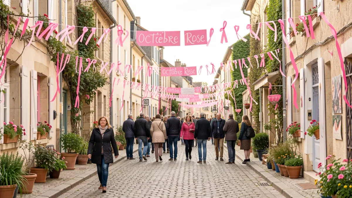 Generic image of 'Octobre Rose' decorations in an Île-de-France village street.