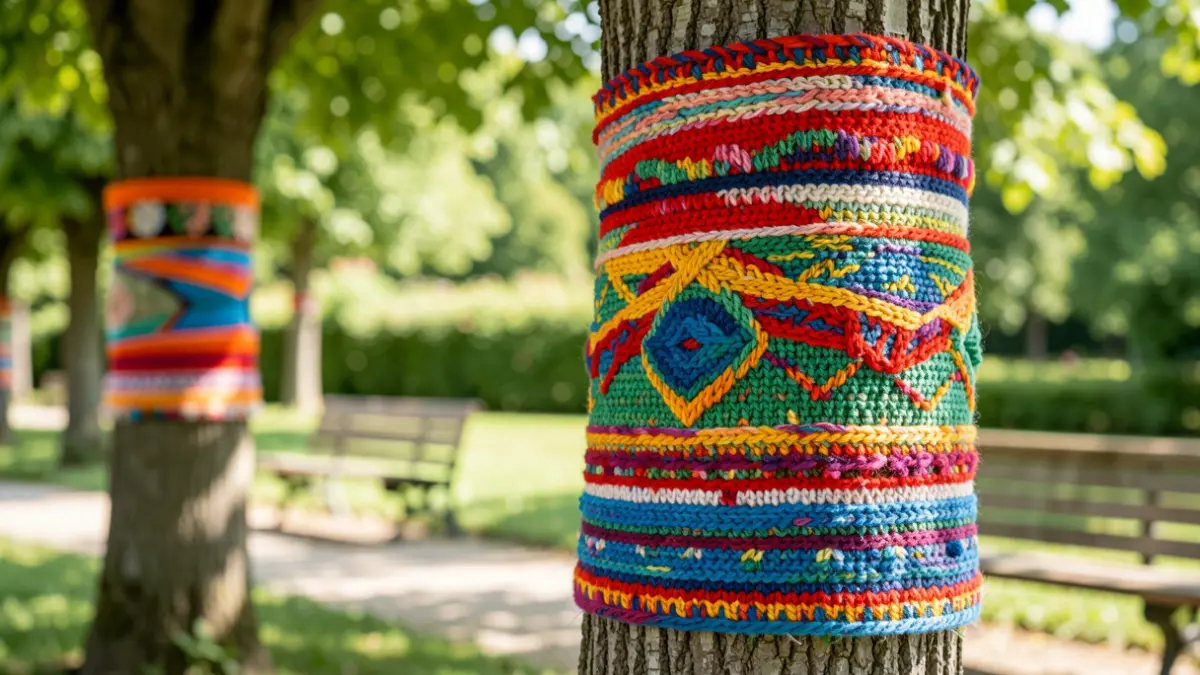 Generic image of colorful knitted decorations on trees in a park.