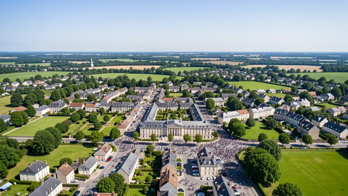 Aerial view of the town of Viarmes in Île-de-France.
