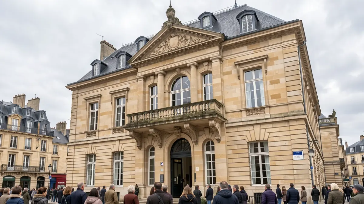 Generic image of a town hall facade in Île-de-France, with architectural details and an overcast sky.