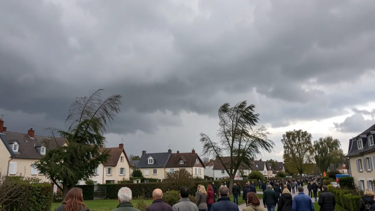 Image générique d'un ciel d'orage menaçant au-dessus d'un paysage de banlieue française, avec des arbres pliant sous le vent.