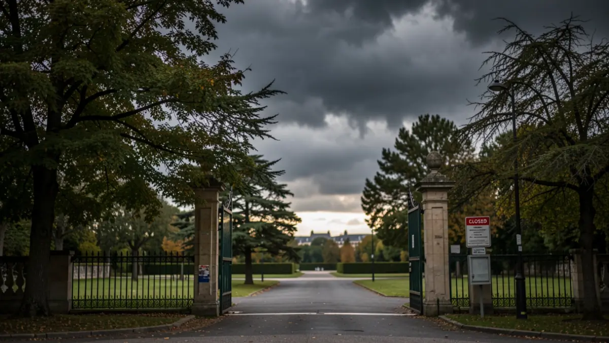 Image générique d'une entrée de parc fermée sous un ciel d'orage.