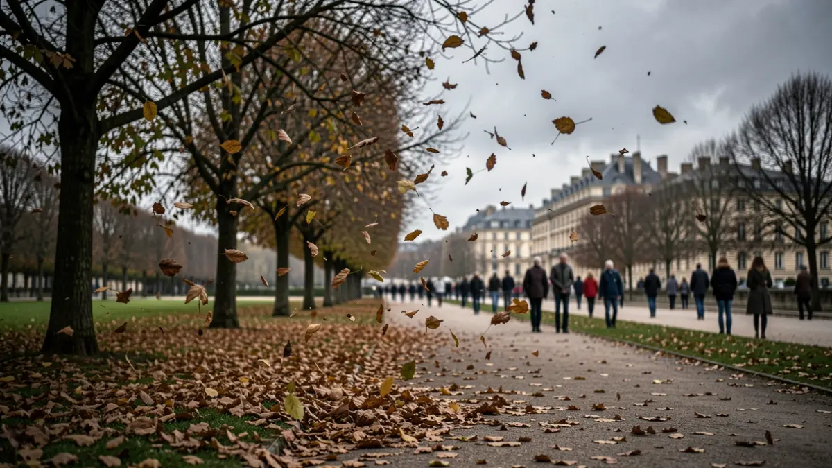 Generic image of strong winds in an Île-de-France park, with scattered leaves and an overcast sky.