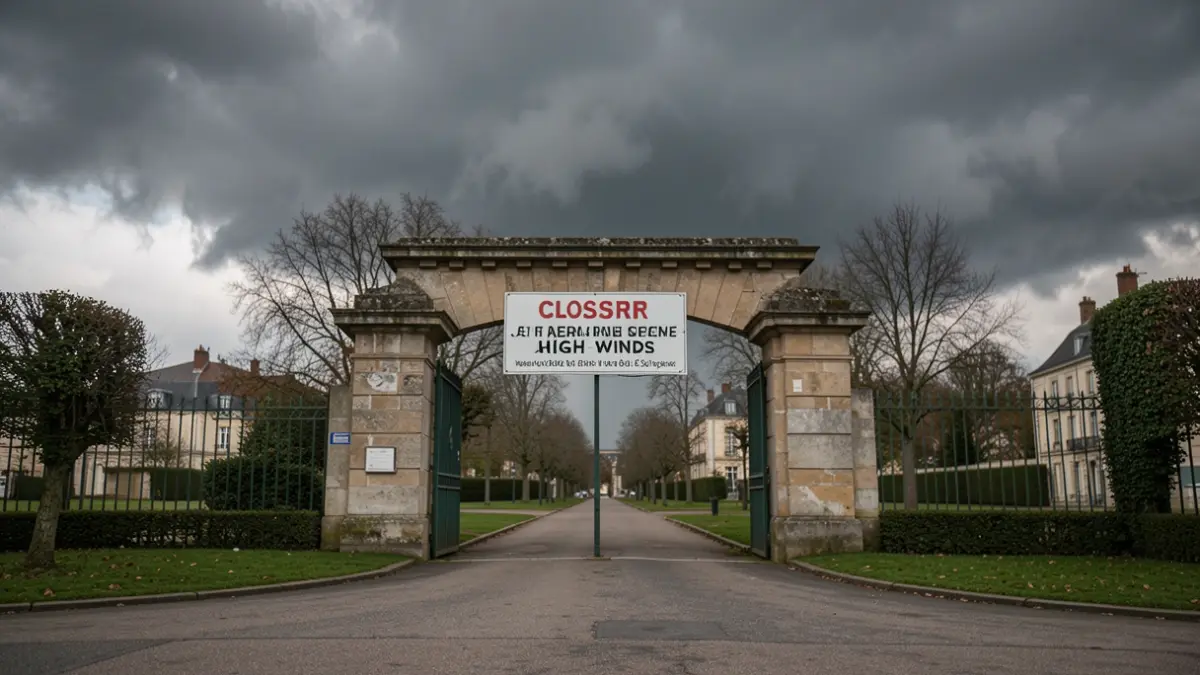 Generic image of a closed park entrance with a sign indicating closure due to high winds.