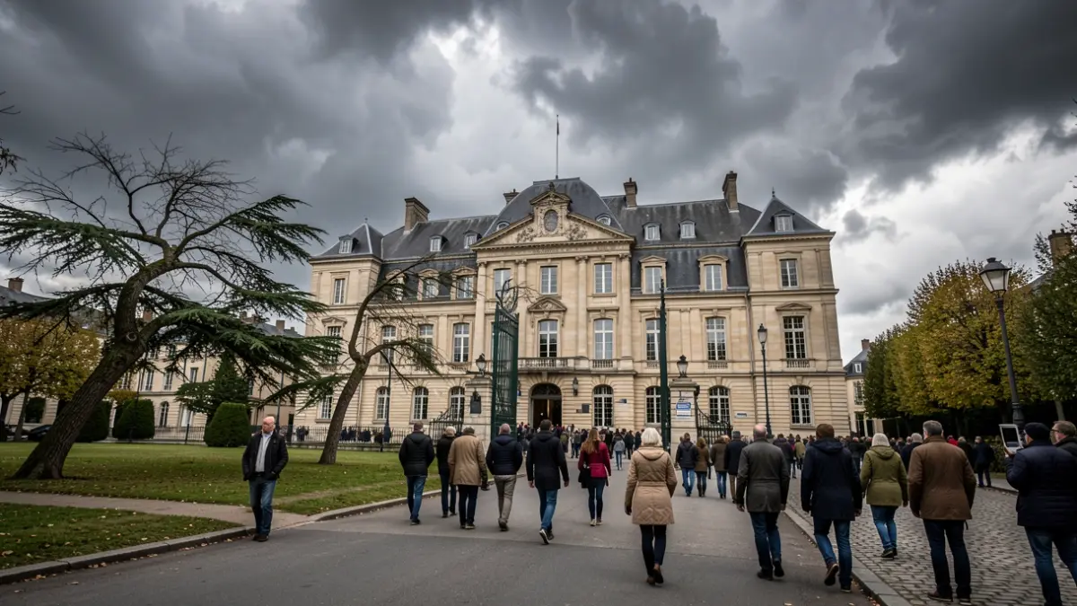 Image générique de ciel orageux au-dessus d'une mairie française avec une entrée de parc fermée, des arbres se pliant sous le vent fort, temps couvert.