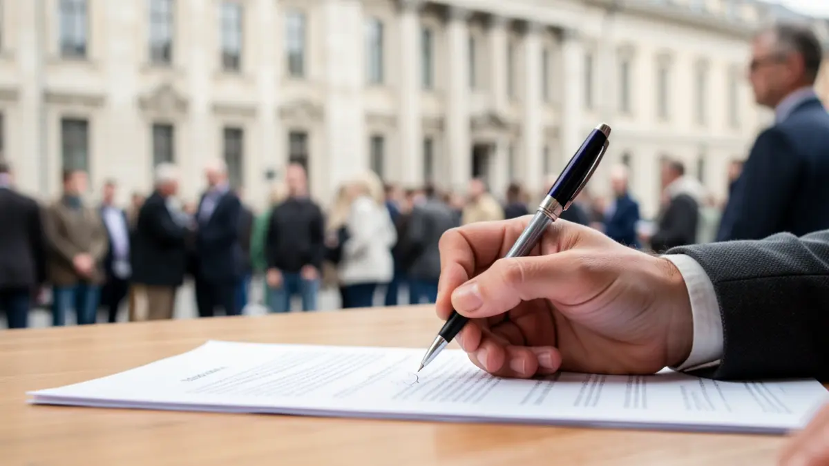 Generic image of a hand holding a pen over a document. NEVER use proper names. NEVER claim it shows the real thing.