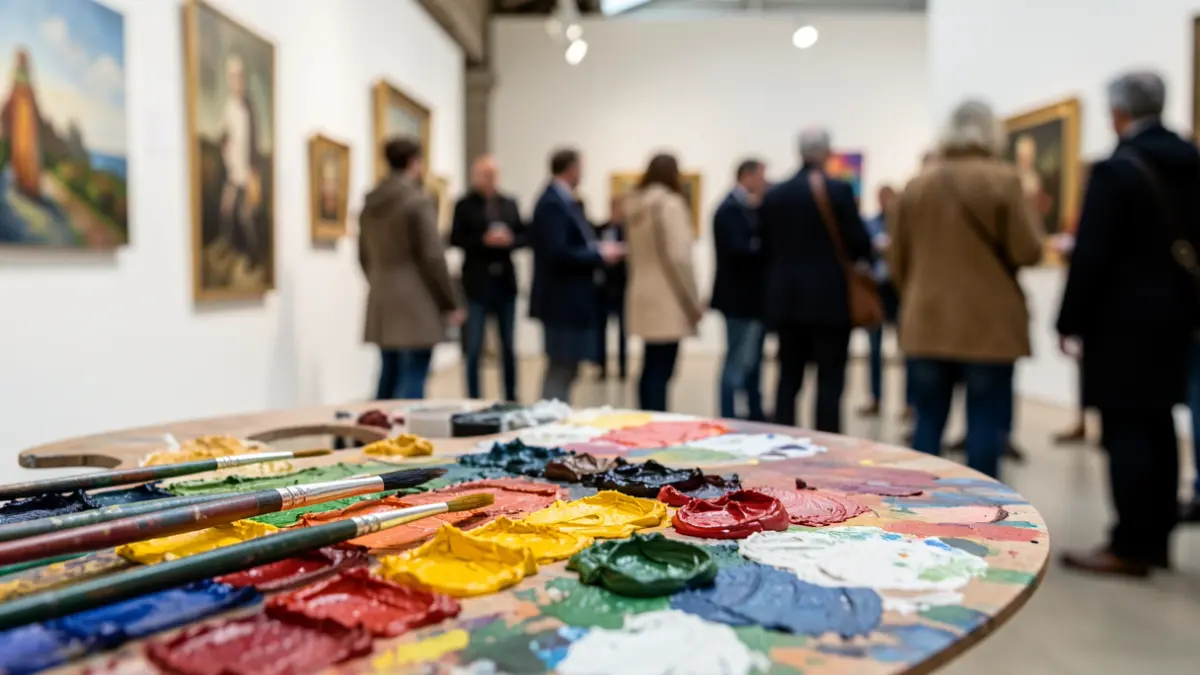 Gros plan d'une palette de peintre avec des couleurs à l'huile vives et des pinceaux, dans un espace d'exposition d'art à Paris.