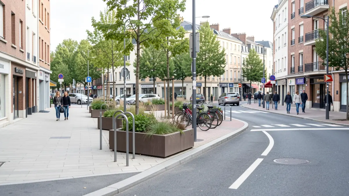 René-Hamon street in Villejuif redesigned for pedestrians and cyclists with meeting zone features.