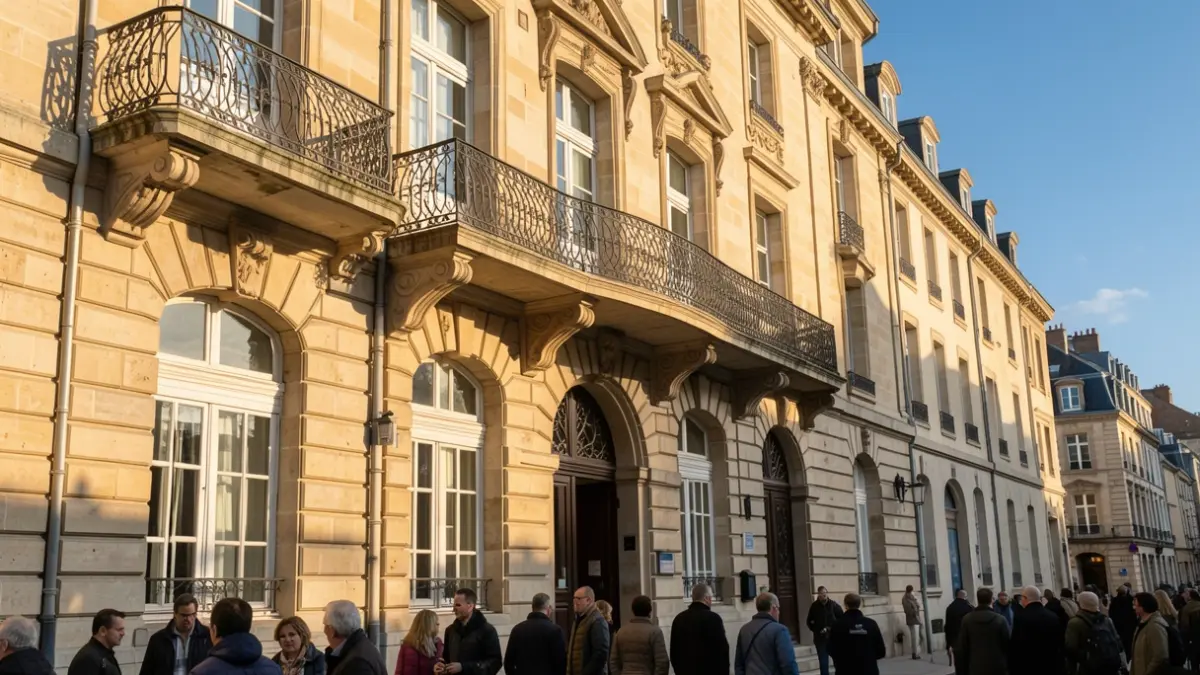 Generic image of a stone town hall facade typical of Île-de-France, with an ornate balcony and iron railings, under warm afternoon sunlight.