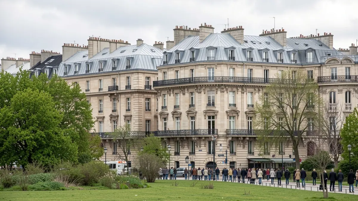 Generic image of Haussmannian apartment buildings with zinc roofs and stone facades in a Parisian suburb, with a view of a green park in the foreground, soft daylight.