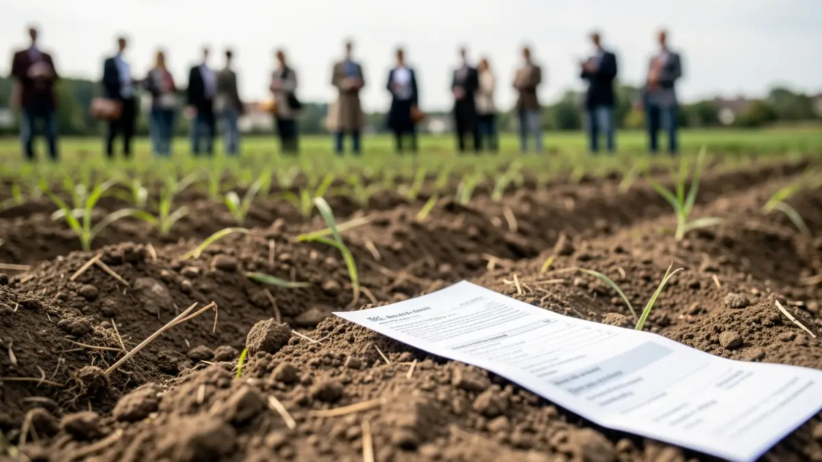 Image générique de terres agricoles en Île-de-France avec un document fiscal.